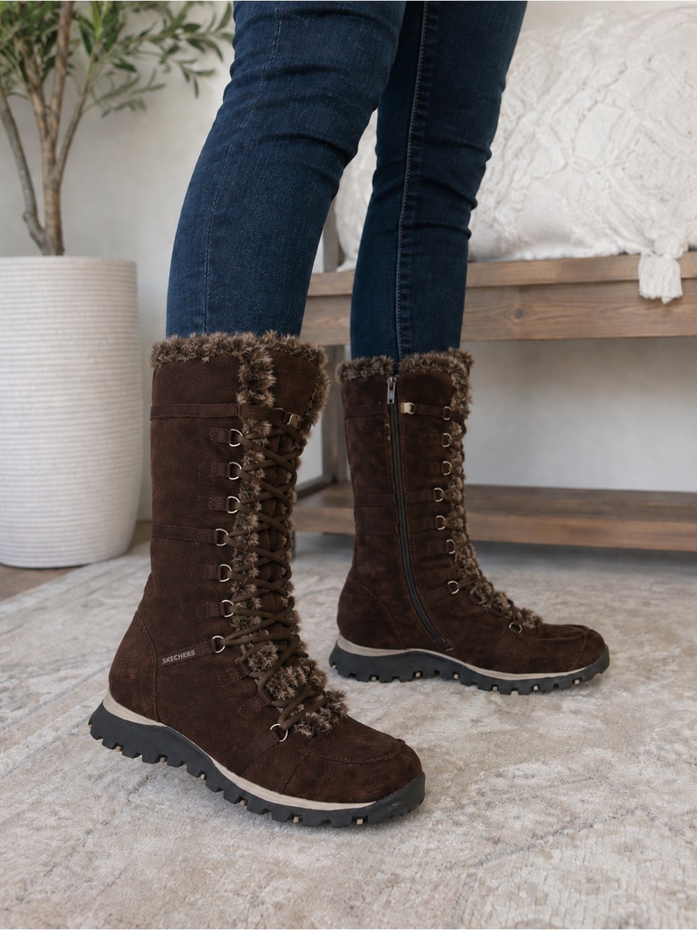 Skechers Dark Brown Faux-Fur Lace-Up Winter Boots